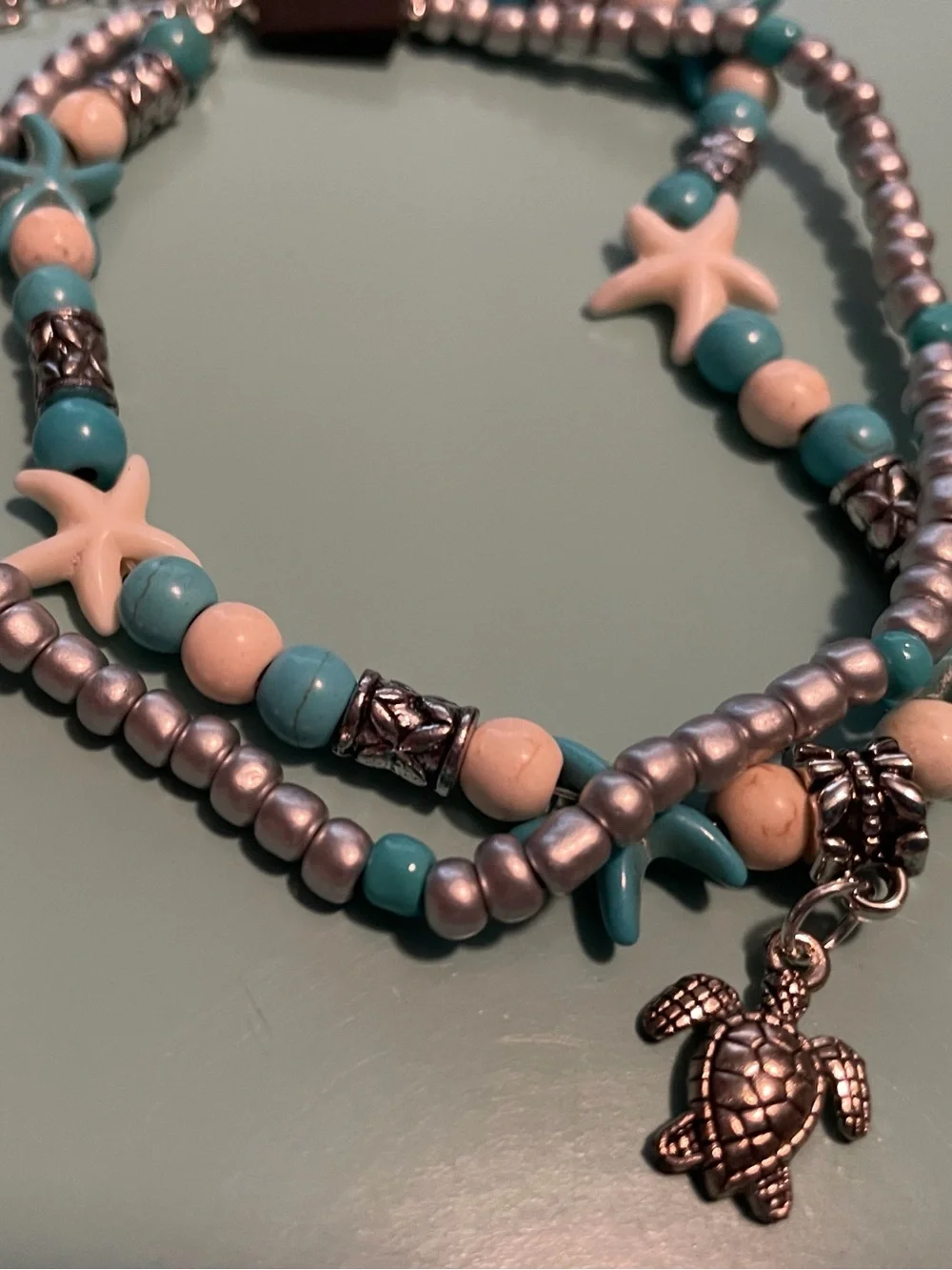 Turquoise & Cream Beaded Starfish and Silver & Turquoise Bracelet Set